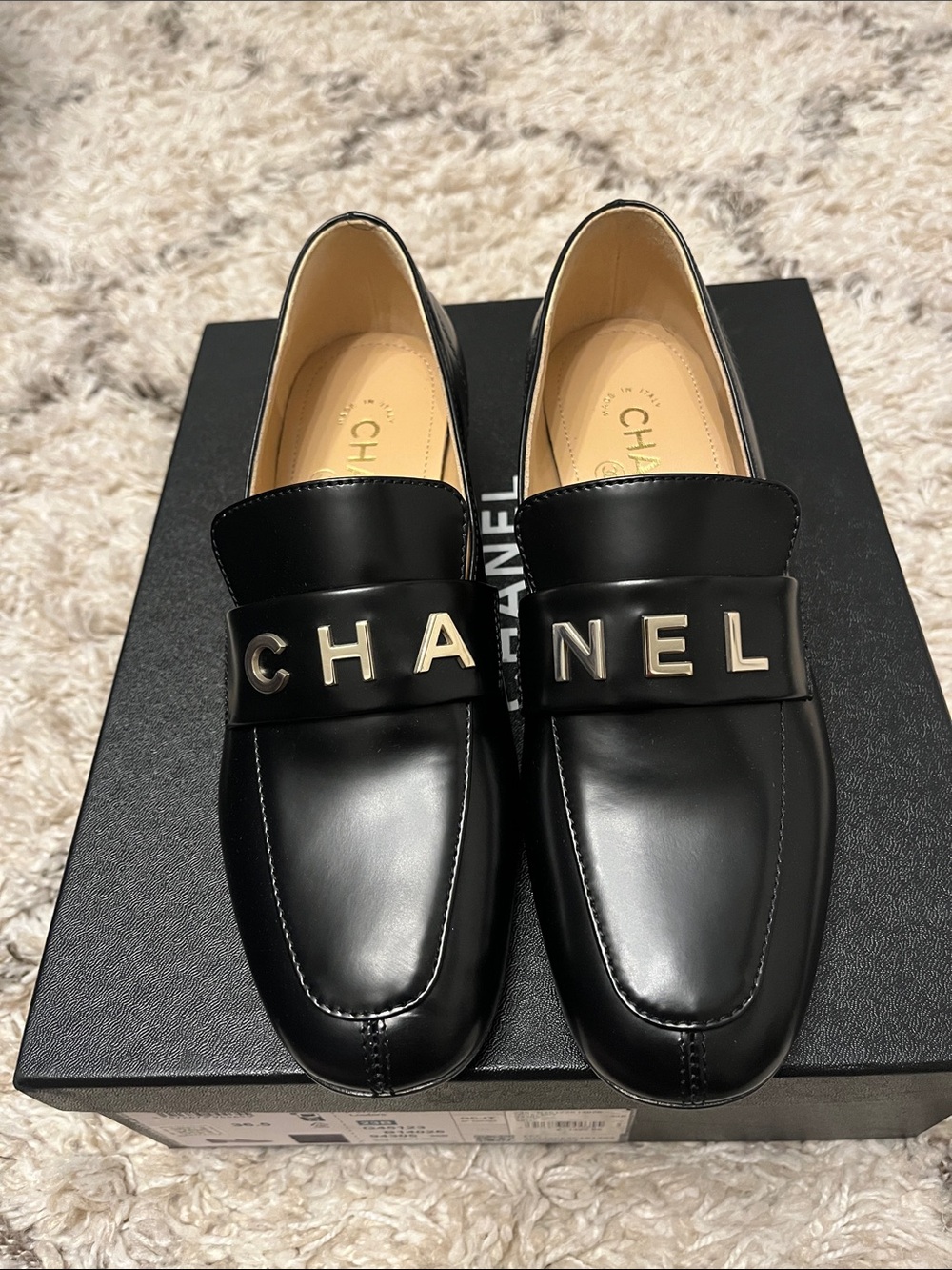 Chanel black loafers. Shiny calfskin and metal. Size 36.5. New in box. - Picture 1 of 7